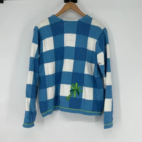 Vintage Talbots Beaded Palm Tree Cardigan Sweater Blue White Gingham Size L